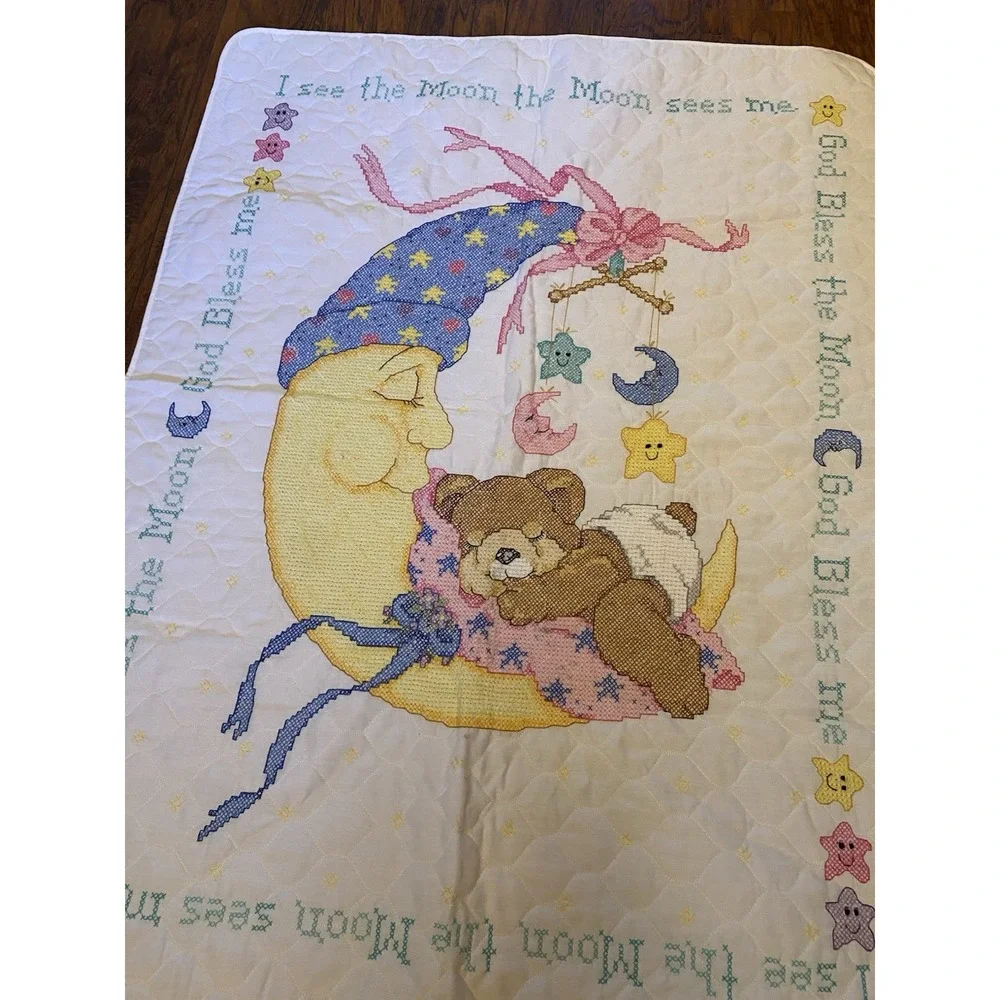 Handmade Cross Stitch Baby Quilt Teddy Bear Moon Nursery Crib Blanket 42 X 31